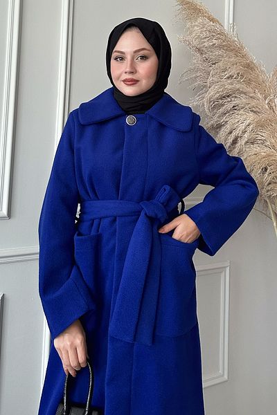 InStyle Belted Hidden Placket Saks Blue Coat