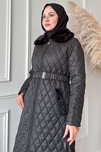 InStyle Plyšový límec dlouhý prošívaný černý kabát