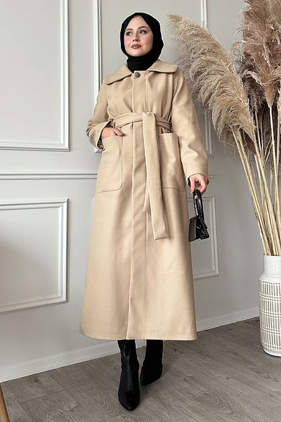 InStyle Belted Hidden Placket Beige Coat