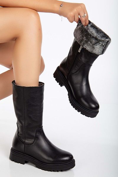 ANALİN SHOES Γυναικείες μακριές μπότες από γνήσιο δέρμα με γούνα εσωτερικά και φερμουάρ - Μαύρο