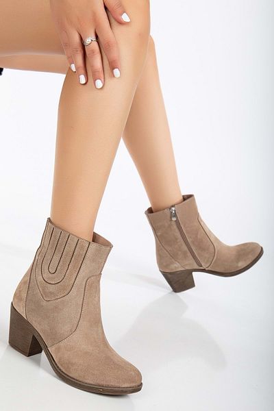 ANALİN SHOES Γυναικείες μπότες με τακούνι από γνήσιο δέρμα με λεπτομέρεια ελαστικό σουέτ καουμπόη - Mink Suede