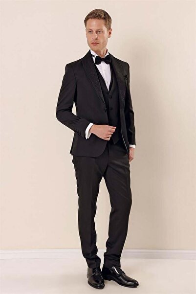 İmza Black Patterned Detachable Shawl Collar Vest 6 Drop Slim Fit Tuxedo Groom Suit1001230210