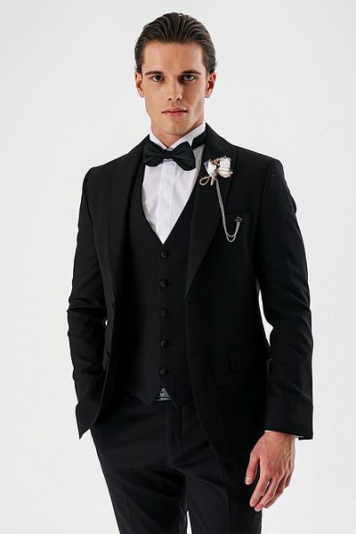 İmza Black Removable Shawl Collar Vest Lycra 6 Drop Slim Fit Tuxedo Groom Suit1001240202