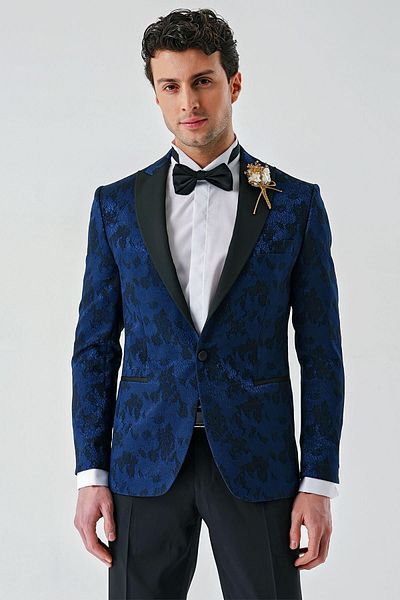 İmza Dark Navy Blue Removable Swallow Collar Lycra 6 Drop Slim Fit Tuxedo Groom Suit1001240204