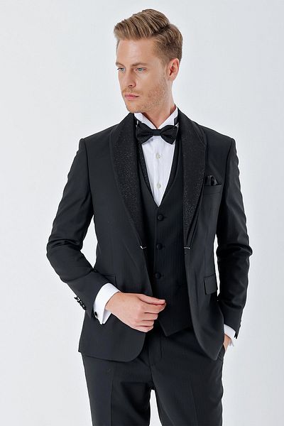 İmza Black Striped 6 Drop Slim Fit Tuxedo Groom Suit with Removable Shawl Collar Vest 1001230212