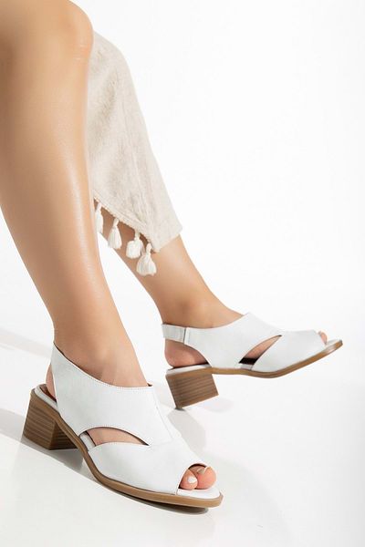 ANALİN SHOES White Genuine Leather Women's Heeled Sandals
