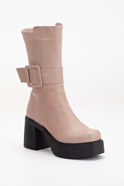 ANALİN SHOES Genuine Leather Women's Boots - Buckle, Platform and Chunky Heels, Stone Color