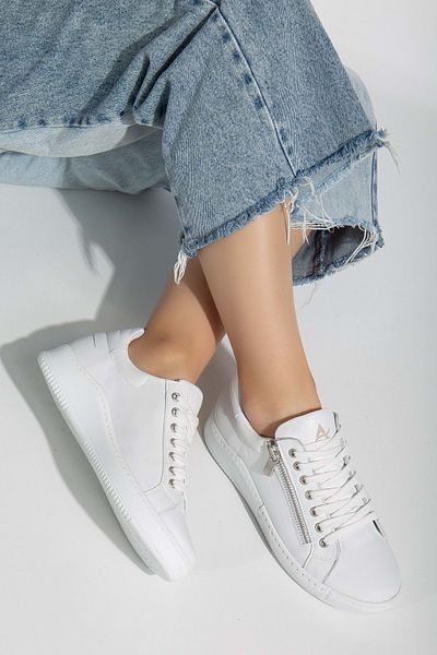ANALİN SHOES Pantofi sport de damă cu fermoar din piele naturală albă