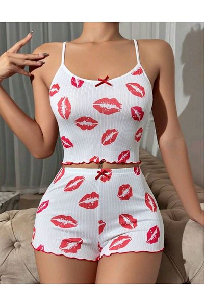 PAVİLYA Cămașă de noapte sexy cu pantaloni scurți cu model Kiss Set de pantaloni scurți de cămașă de noapte