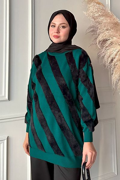 InStyle Yumoş Double Striped Emerald Knitwear Sweater