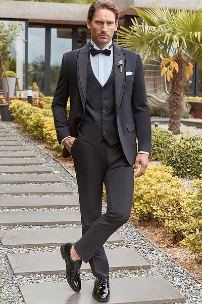 İmza Black Removable Shawl Collar Vest Lycra 6 Drop Slim Fit Tuxedo Groom Suit1001240203
