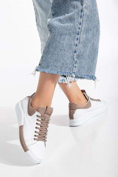 ANALİN SHOES Pantofi sport de damă de culoare alb/piatră - piele naturală, cu șireturi
