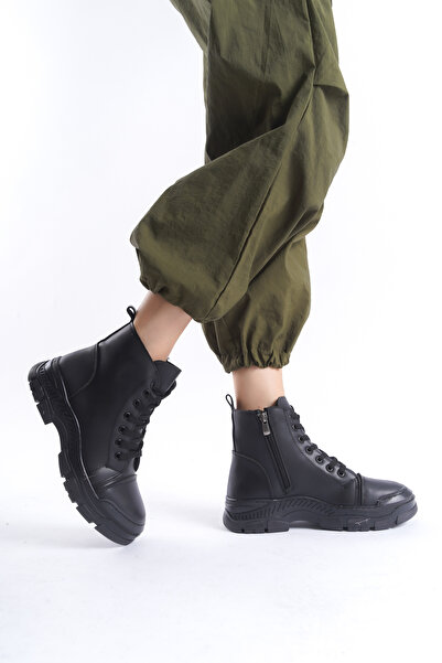 Limeo Εποχιακές μαύρες κοντές μπότες με κορδόνια για γυναίκες