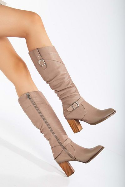 ANALİN SHOES Γυναικείες μπότες με τακούνι από γνήσιο δέρμα - Λεπτομέρεια με φυσούνα και πόρπη, χρώμα πέτρας