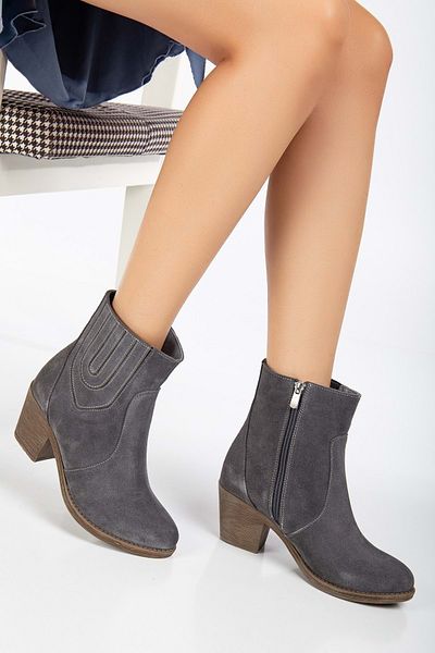 ANALİN SHOES Γυναικείες γνήσιες δερμάτινες ραφές Λεπτομερείς ελαστικές καστόρι καουμπόικες μπότες με τακούνι - γκρι σουέτ