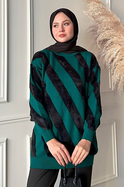 InStyle Yumoş Double Striped Emerald Knitwear Sweater