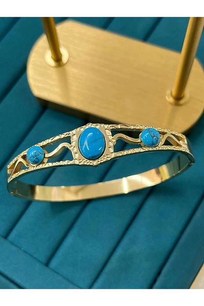 YASİN TOPÇU Steel Gold Color Gold Look Blue Beaded Stylish Bracelet