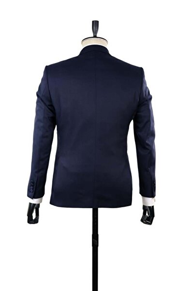 İmza Koyu Lacivert Mono Yaka Astarlı Yelekli 6 Drop Slim Fit Smokin Damatlık 1001210100