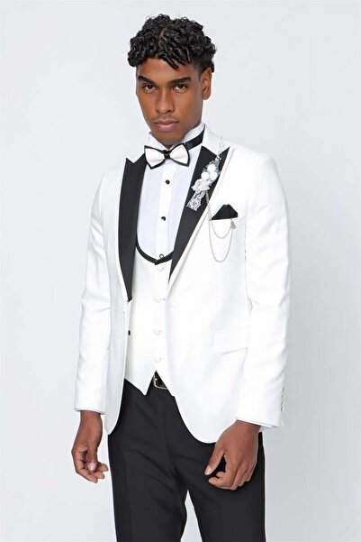 İmza Açık Krem Armürlü Kırlangıç Yaka Astarlı Yelekli 6 Drop Slim Fit Smokin Damatlık 1001220206