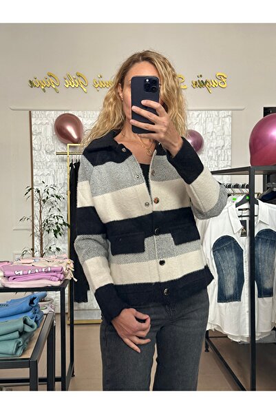 MODA VE DERYA Siyah Beyaz Angora Ceket