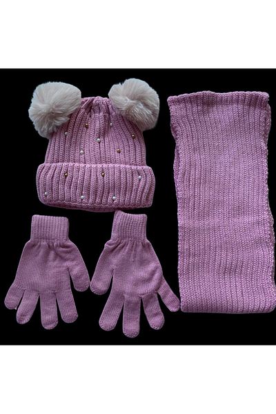 Kitti Pink Acrylic Pompom 3-Piece Gloves Set for Girl 9-15 Years Old