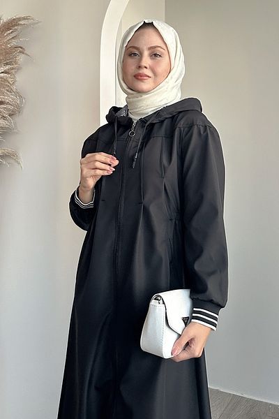 InStyle Μαύρη καμπαρντίνα με πλισέ λεπτομέρεια ελαστική μέση