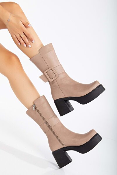 ANALİN SHOES Справжні шкіряні жіночі чоботи - з пряжкою, платформою і товстим каблуком, кольору каменю