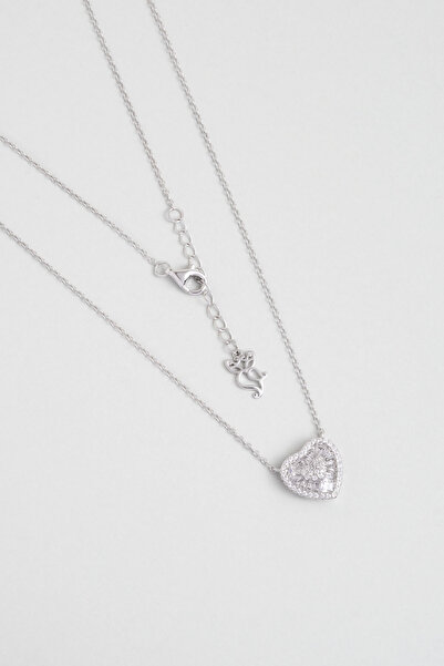 So CHIC... Kalp Kristali 18 Ayar Beyaz Altın Kaplama 45 Cm Gümüş Kolye