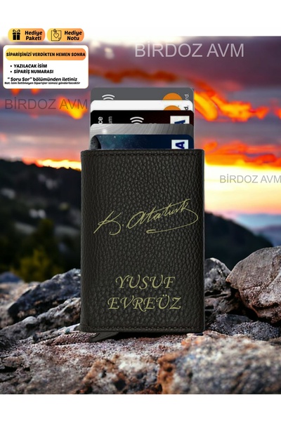 Personalized Name Gift Black Card Holder Wallet with Atatürk Signature Design Mechanism