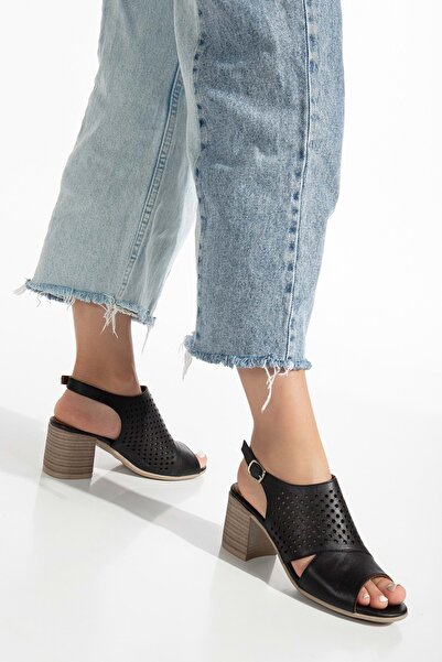 ANALİN SHOES Sandale cu toc de vară cu laser din piele naturală neagră