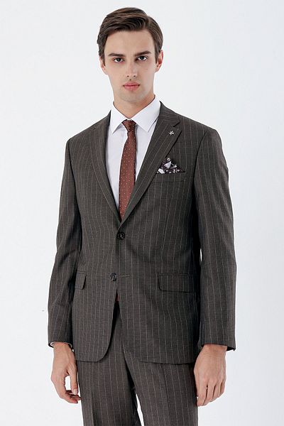 İmza Dark Brown Striped Mono Collar 6 Drop Comfort Fit Relaxed Fit Classic Suit1001235158