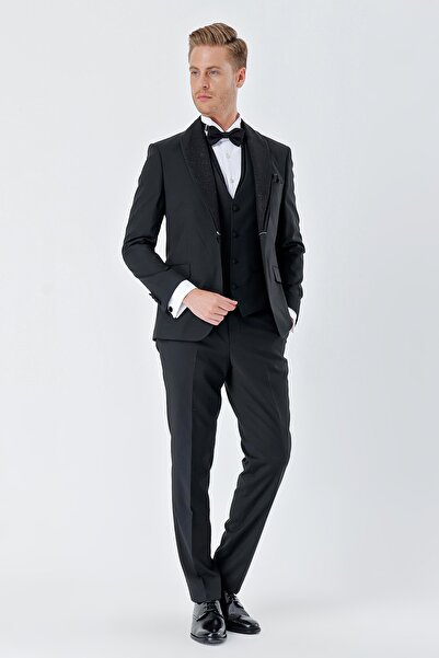 İmza Siyah Çizgili Çıkarılabilir Şal Yaka Yelekli 6 Drop Slim Fit Smokin Dama...