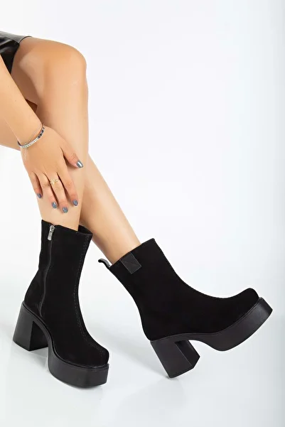 ANALİN SHOES Γυναικείες μπότες από γνήσιο δέρμα μαύρο σουέντ - Τακούνια με χοντρή σόλα