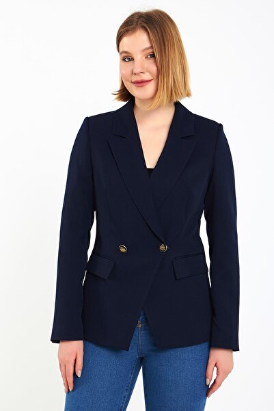 Blue Black Lacivert Kadın Kruvaze Ceket, regular kalıp, astarlı, kol düğme de...