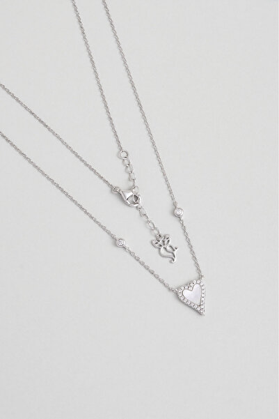 So CHIC... Sedef Kalbi 18 Ayar Beyaz Altın Kaplama 45 Cm Gümüş Kolye