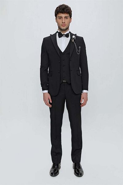 İmza Vestă neagră cu căptușeală completă cu guler de rândunică Dobby, cu 6 picături, costum de mire, smoking, slim fit, slim fit1001225178