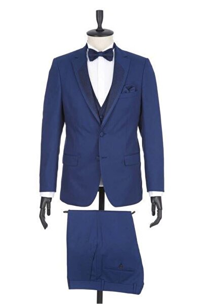 İmza Navy Blue Gabardine Mono Collar Lined Vest 6 Drop Slim Fit Slim Fit Tuxedo Groom Suit1001190166