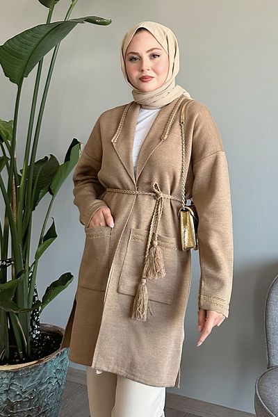 InStyle Πλεκτό μπουφάν Camel με λεπτομέρεια από πλεκτό και γκλίτερ
