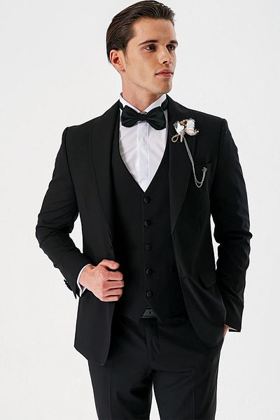 İmza Black Removable Shawl Collar Vest Lycra 6 Drop Slim Fit Tuxedo Groom Suit1001240202