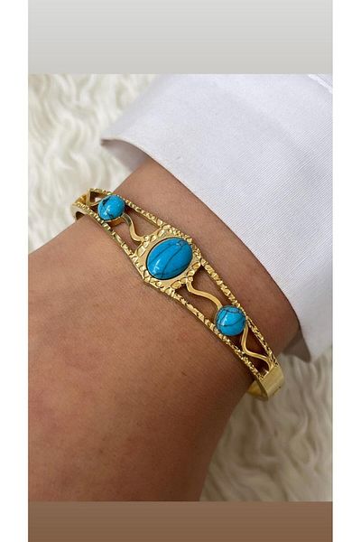 YASİN TOPÇU Steel Gold Color Gold Look Blue Beaded Stylish Bracelet