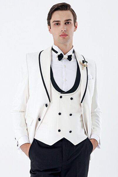 İmza White Patterned Dobby Double Breasted Slim Fit Suit 1001230214