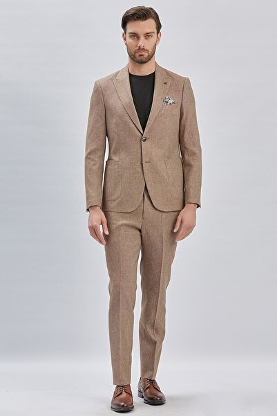 İmza Kahverengi Kırlangıç Yaka Pamuklu Keten 6 Drop Slim Fit Dar Kesim Klasik Takım Elbise 1001240103