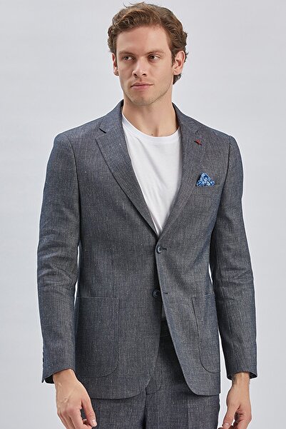 İmza Koyu Lacivert Armürlü Mono Yaka Keten Karışımlı 6 Drop Slim Fit Casual Takım Elbise 1001240169