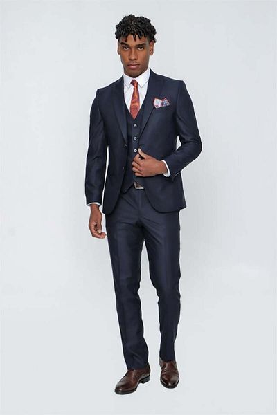 İmza Sötét sötétkék Gabardine Slim Fit öltöny galléros mellényekkel 1001225176