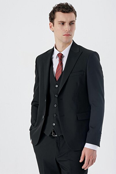 İmza Siyah Armürlü Kırlangıç Yaka Yelekli Likralı 6 Drop Slim Fit Klasik Takım Elbise 1001240150