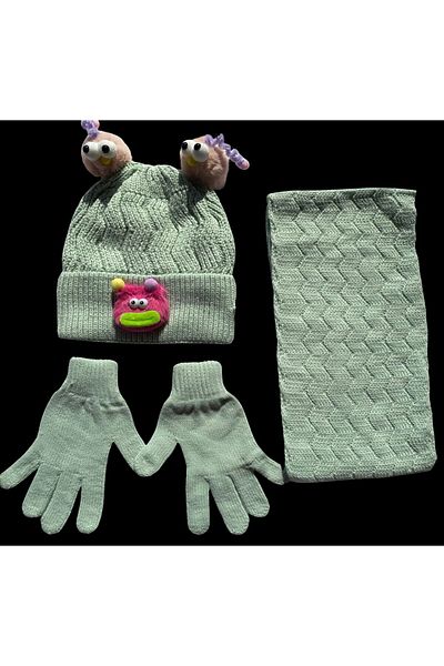 Kitti Water Green Acrylic Pompom Beanie Scarf Gloves Set of 3 for 4-8 Years Old Girl