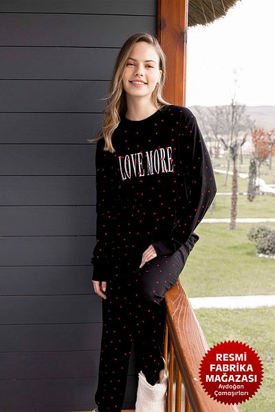 Aydoğan Set pijama cu nervuri negre - decolteu, 100% bumbac, maneci lungi - Aydogan ®
