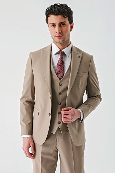İmza Koyu Camel Gabardin Kırlangıç Yaka Yelekli Likralı 6 Drop Slim Fit Klasik Takım Elbise 1001240188