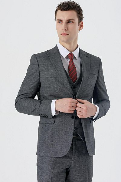İmza Dark Anthracite Slim Suit 6 Drop Swallow Collar Double Slit Vest