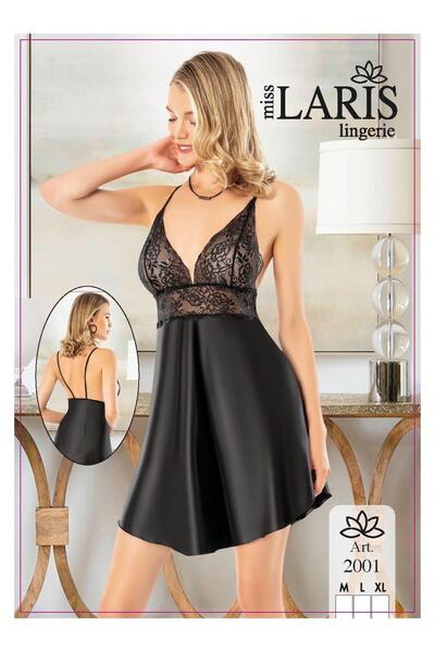 Miss Laris Lingerie ثوب نوم أسود مع حزام من الساتان